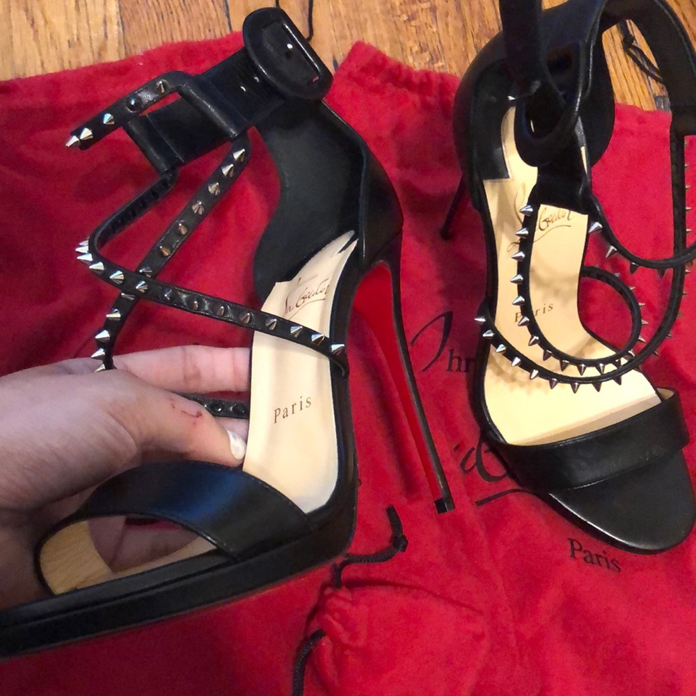 Christian Louboutin Red Bottoms Black Leather Spike Heels